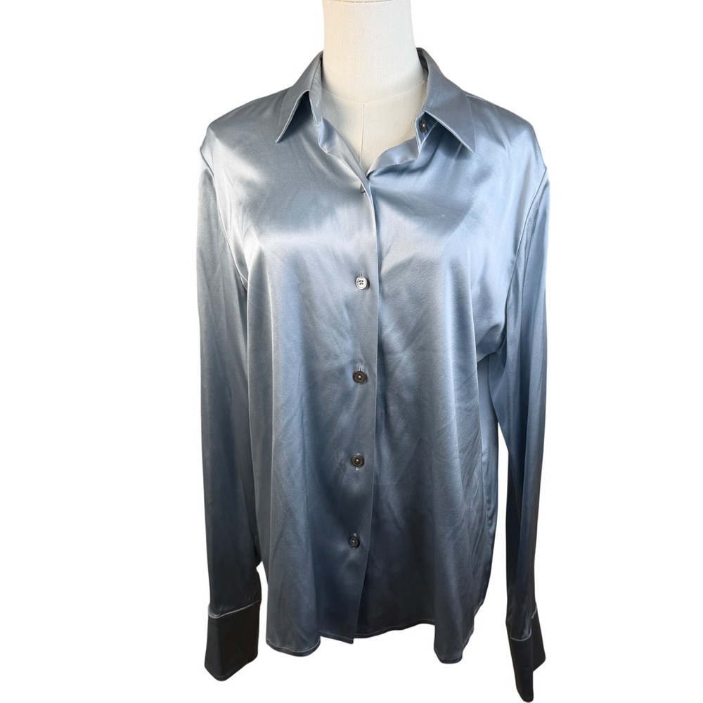 Linda Allard Ellen Tracy Silk Blend Satin Button Down Shirt Blue Size 14